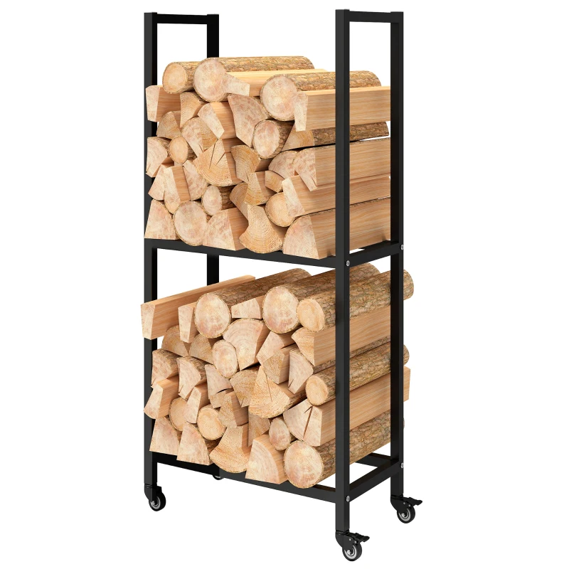 Outsunny Indoor firewood rack Steel 60 x 30 x 119cm 2-tier firewood rack with wheels Black