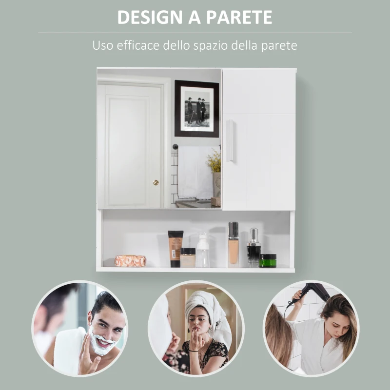 kleankin Armadietto Specchiera Pensile da Bagno in Legno con Mensole Regolabili, Mobile Bagno a 2 Ante e Ripiano Aperto, 54x15.2x55.3cm, Bianco