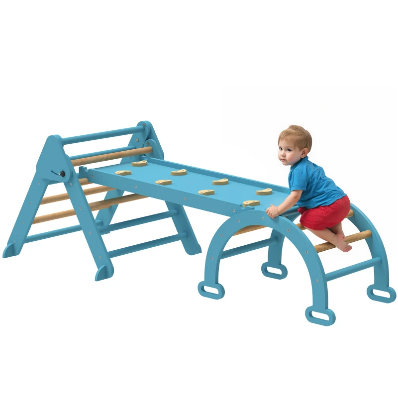 AIYAPLAY 7 en 1 faltbares Montessori Kletterdreieck aus Holz mit Bogen und Rampe für Kinder 18-48 Monate 188x70 cm Blau