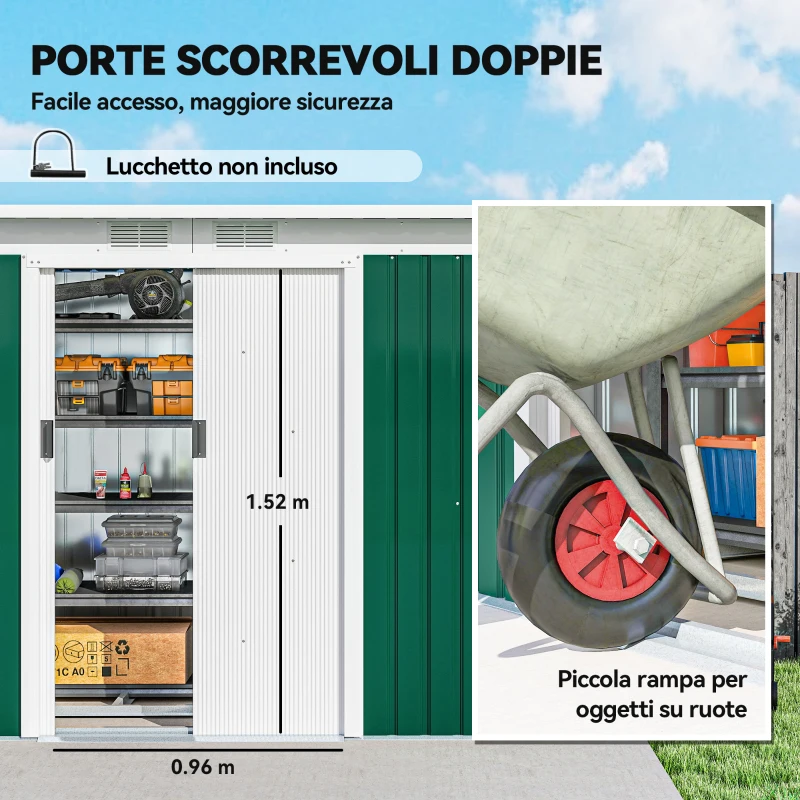 Outsunny Casetta da Giardino Porta Utensili in Lamiera di Acciaio con Porte Scorrevoli, 280x130x172cm, Verde Scuro