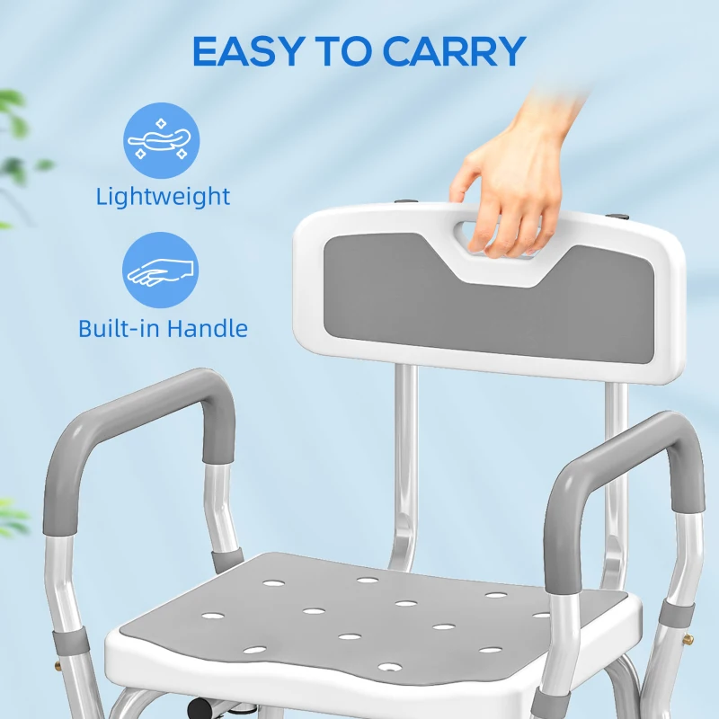 HOMCOM EVA Padded Shower Chair for the Elderly and Disabled, Height Adjustable Shower Stool with Back and Arms, 4 Suction Foot Pads, Light Grey