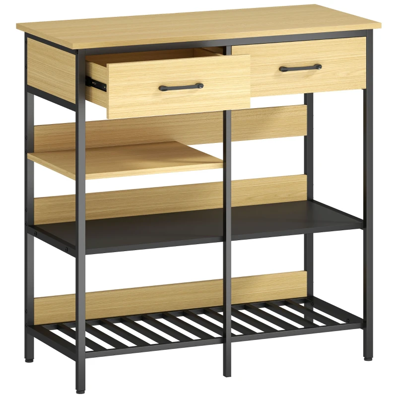 HOMCOM Sideboard, Kommode mit 2 Schubladen, 3 offenen Regalen Küchenschrankfür Küche, Wohnzimmer 90 x 40 x 91 cm, Naturholz