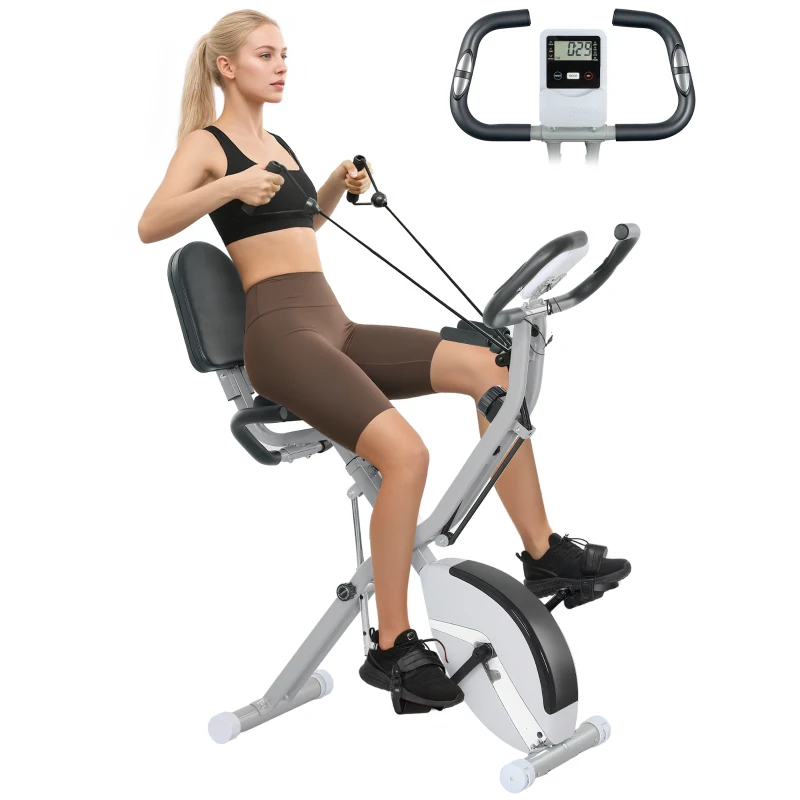 SPORTNOW Five-in-one Foldable Exercise Bike, Stationary Bike with Arm Workout Bands, LDC Monitor, Phone Holder, White