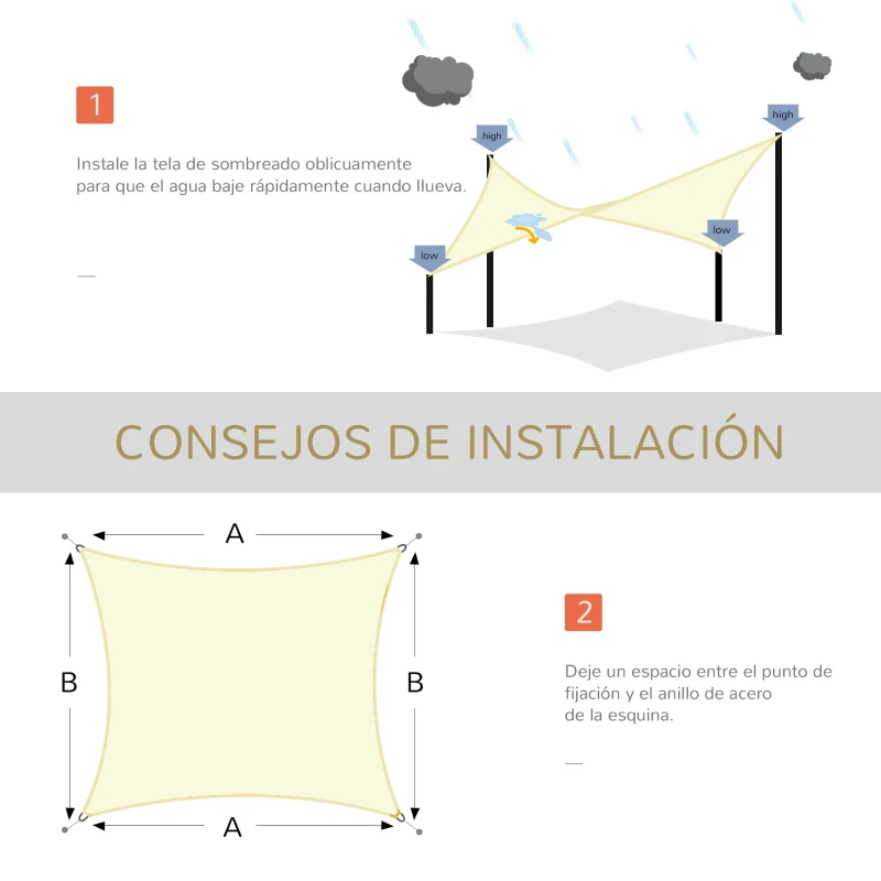 Outsunny Toldo Vela Rectangular 4x3 m Vela de Sombra para Jardín Patio Terraza HDPE Anti UV y Transpirable Color Crema