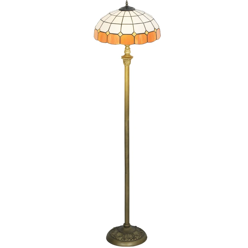 HOMCOM Tiffany-Style Floor Lamp with Handcrafted Stained Glass Shade, 152cm Tall Vintage Standing Lamp with Foot Switch and Dual Sockets for Living Room Bedroom, Bronze Tone and Orange