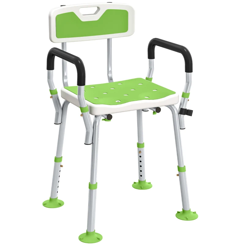 HOMCOM EVA Padded Shower Chair for the Elderly and Disabled, Height Adjustable Shower Stool with Back and Arms, 4 Suction Foot Pads, Green
