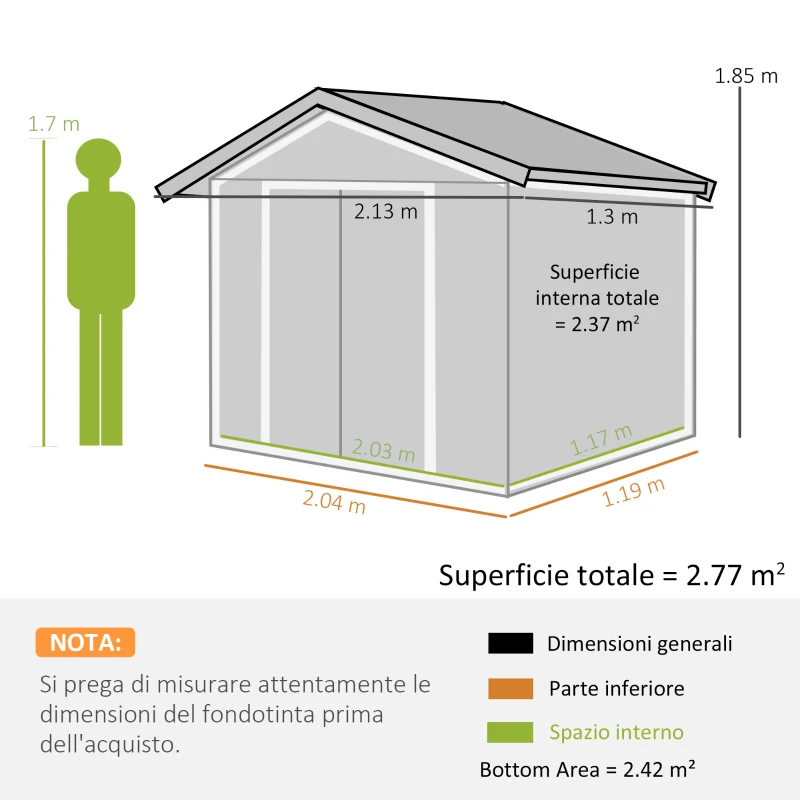 Outsunny Casetta da Giardino Porta Utensili in Lamiera con Porte Scorrevoli, 213x130x185cm, Giallo