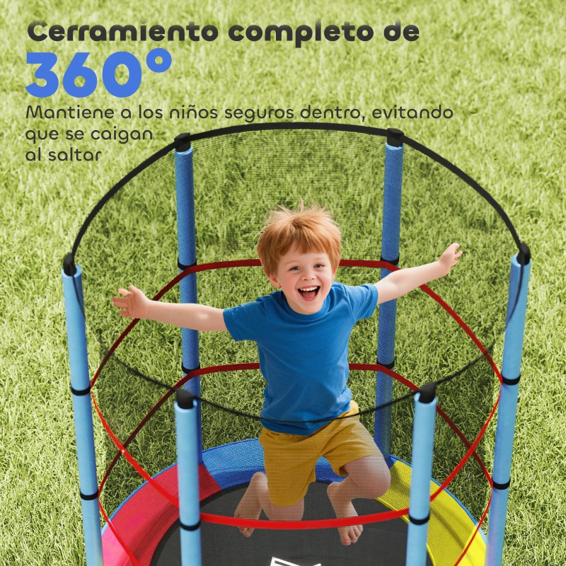 HOMCOM Cama Elástica Infantil Trampolín para Niños de 3-6 Años con Red de Seguridad Carga 45 kg Ø140x190 cm Multicolor
