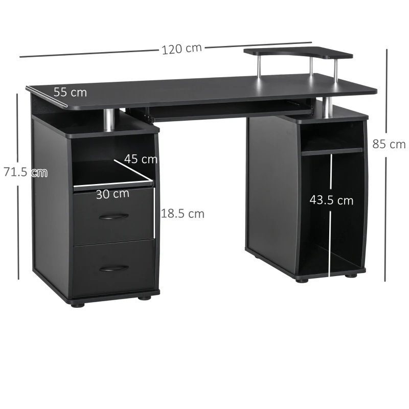 HOMCOM Scrivania per Computer Moderna Porta PC, Scrivania da Ufficio in Legno con Cassetti, Mensola Estraibile e Porta Tastiera, 120x55x85cm, Nero