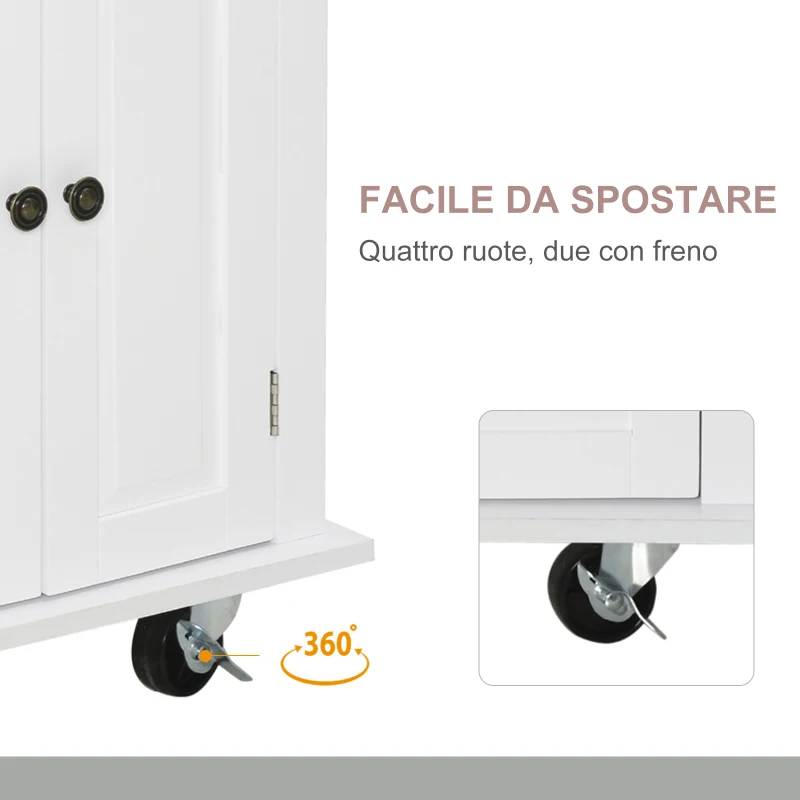 HOMCOM Carrello da Cucina con 2 Cassetti e 2 Armadietti, Isola da Cucina con Piano in Legno, Portaspezie e Porta Canovacci, Bianco