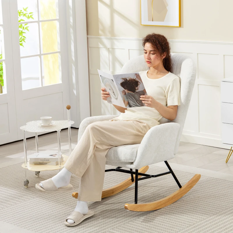 HOMCOM Sillón mecedor, silla mecedora con cojín, asiento acolchado, respaldo alto, 67 x 88 x 104 cm, blanco