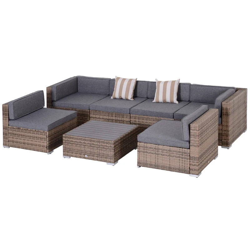 Outsunny Salotto da Giardino in Rattan da 7 Pezzi con Tavolino e Divano Modulabile con Cuscini, Grigio