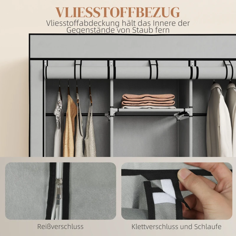 HOMCOM Kast van stof, opbergoplossing, 8 planken, 2 hangstangen, grijs