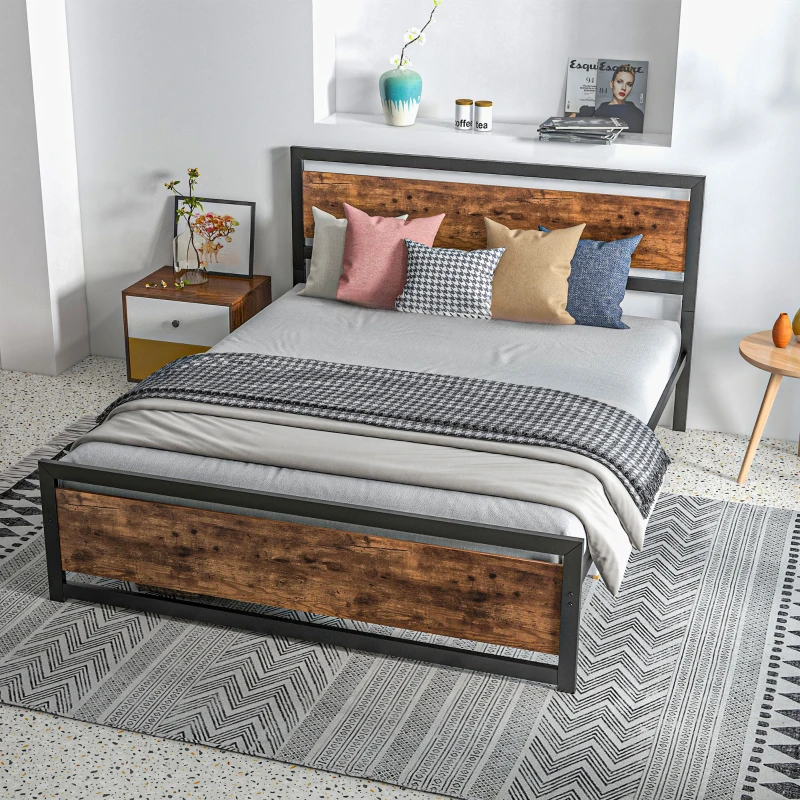 HOMCOM Struttura Letto Matrimoniale in Legno e Acciaio con Doghe in Stile Industriale, 160x200cm
