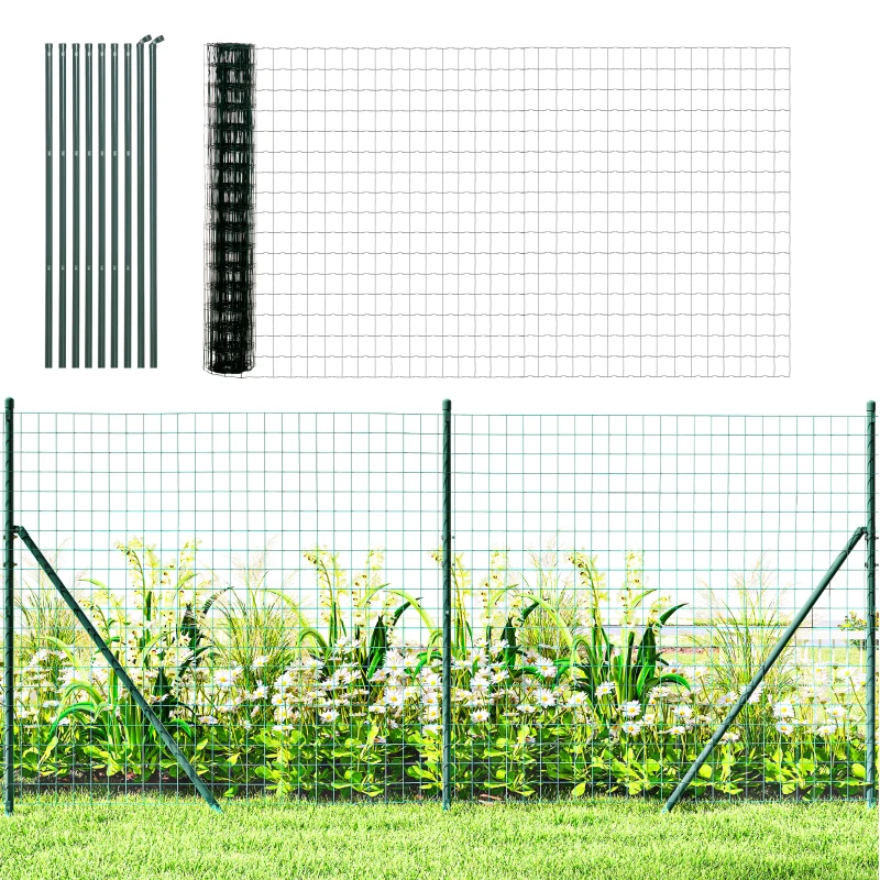 Outsunny Grillage Rouleau soudé - Maille 7,3L x 6,3l cm - Hauteur 2 m - Longueur 10 m - poteaux, Jambes de Force Inclus - Acier revêtement PVC Vert