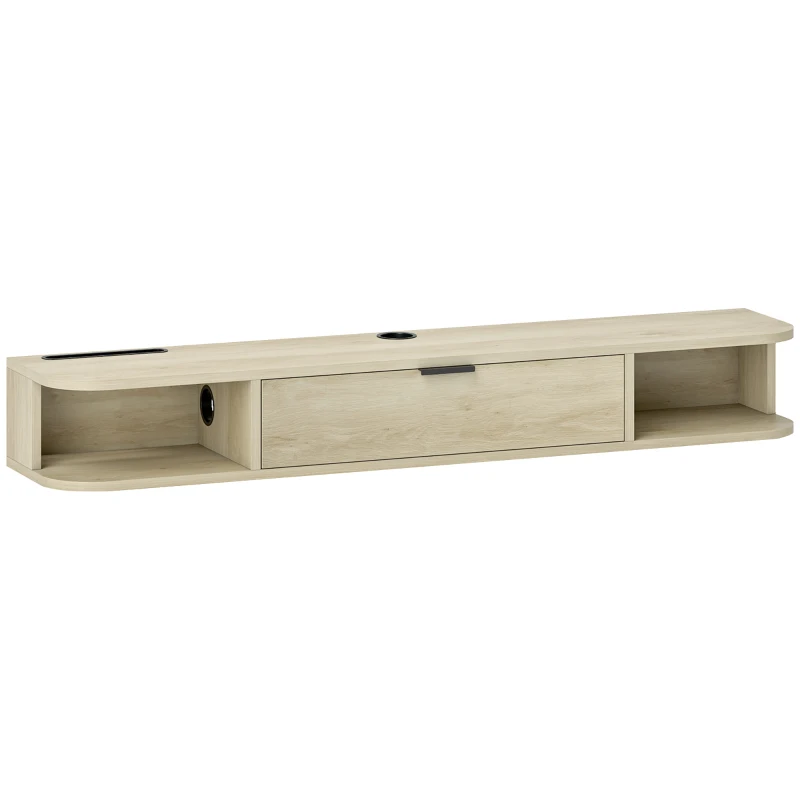 HOMCOM Mueble de TV Suspendido con Cajón Abatible 2 Estantes Abiertos Gestión de Cables 120x24x16 cm Madera Natural