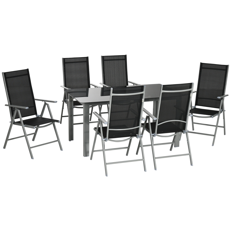 Outsunny 7 Piece Garden Dining Set - Outdoor Table and 6 Folding and Reclining Chairs with Aluminium Frame, Tempered Glass Top Table, Texteline Seats, Black