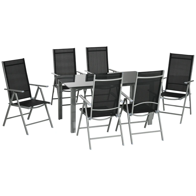 Outsunny 7 Piece Garden Dining Set - Outdoor Table and 6 Folding and Reclining Chairs with Aluminium Frame, Tempered Glass Top Table, Texteline Seats, Black