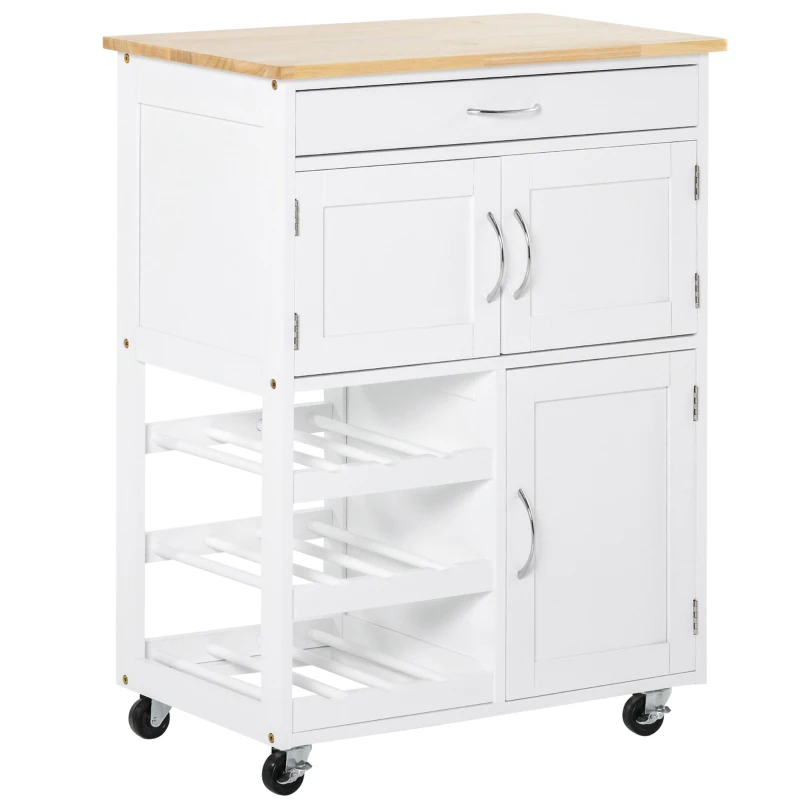 HOMCOM Carrello Cucina con Portabottiglie, 3 Ante, 4 Ruote e Cassetto, Mobiletto Cucina Salvaspazio per Microonde e Spezie in Legno, 67x37x87 cm, Bianco e Rovere