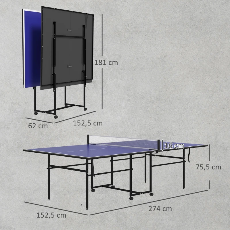SPORTNOW Mesa de Ping-Pong Plegable con 4 Ruedas Red 2 Palas y 3 Pelotas para Interior y Exterior 274x152,5x75,5 cm Azul