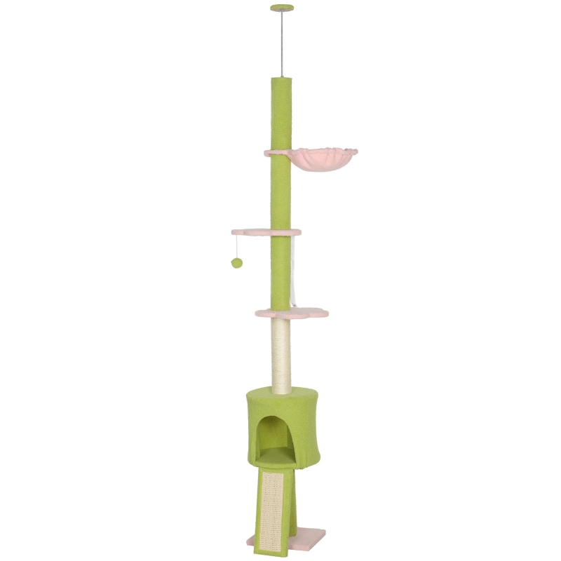 PawHut Arbre à chat du sol au plafond 5 niveaux hauteur réglable 220-240 cm plateformes fleur avec griffoir niche hamac vert