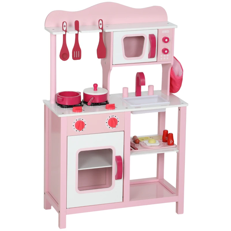 AIYAPLAY Kinderküche zum Spielen, Zubehör aus Holz, Küchengeräte, kompakt, Geräusche, Rosa