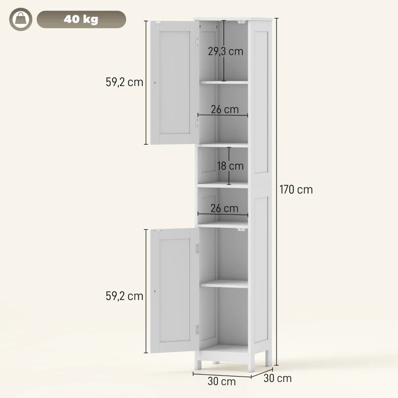 HOMCOM Mueble Alto de Baño con 2 Estantes Abiertos y 2 Armarios con Estantes Regulables, de Madera, 30x30x170 cm, Blanco