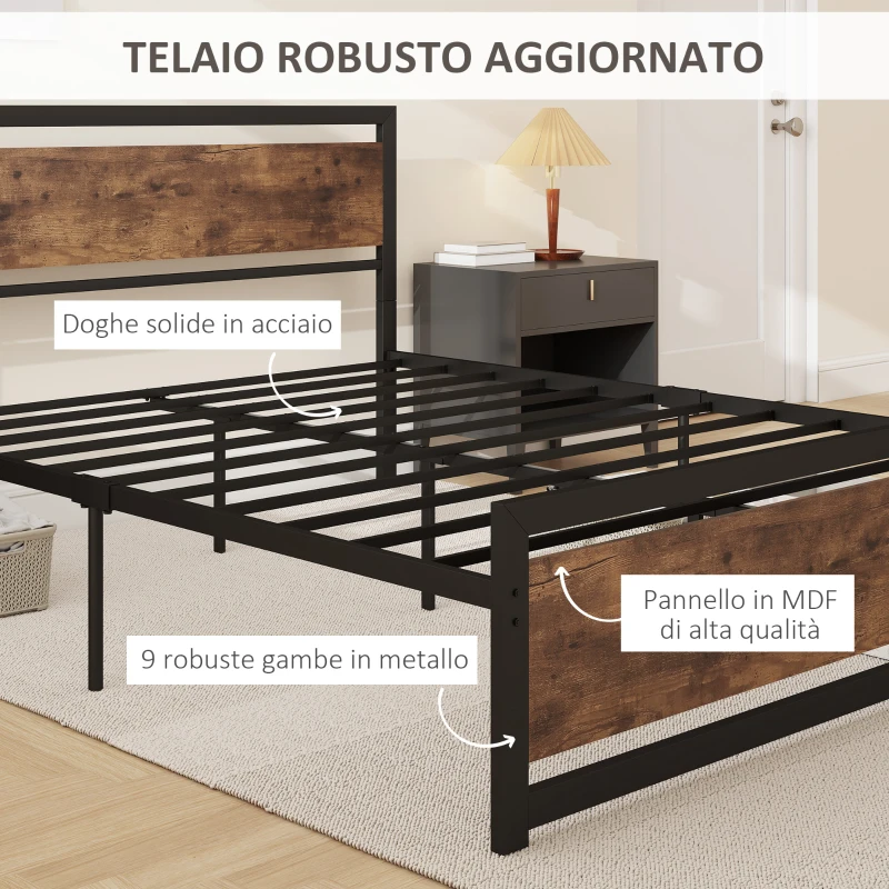 HOMCOM Struttura Letto Matrimoniale in Legno e Acciaio con Doghe in Stile Industriale, 160x200cm