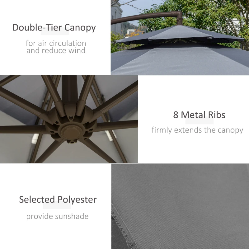 Outsunny 2.7m Garden Banana Parasol Cantilever Umbrella with Crank Handle, Double Tier Canopy and Cross Base for Outdoor, Hanging Sun Shade, Dark Grey