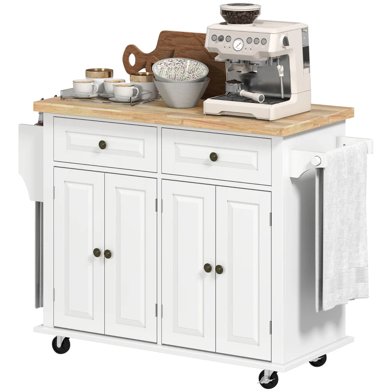 HOMCOM Carrello da Cucina con 2 Cassetti e 2 Armadietti, Isola da Cucina con Piano in Legno, Portaspezie e Porta Canovacci, Bianco