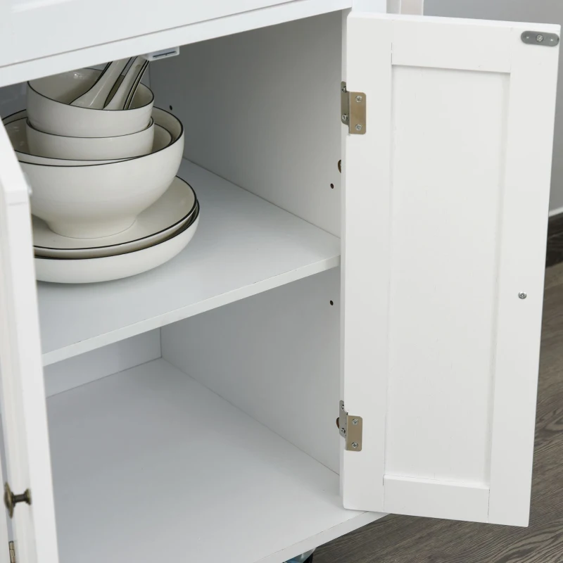 HOMCOM Carrello da Cucina con 2 Cassetti e 2 Armadietti, Isola da Cucina con Piano in Legno, Portaspezie e Porta Canovacci, Bianco
