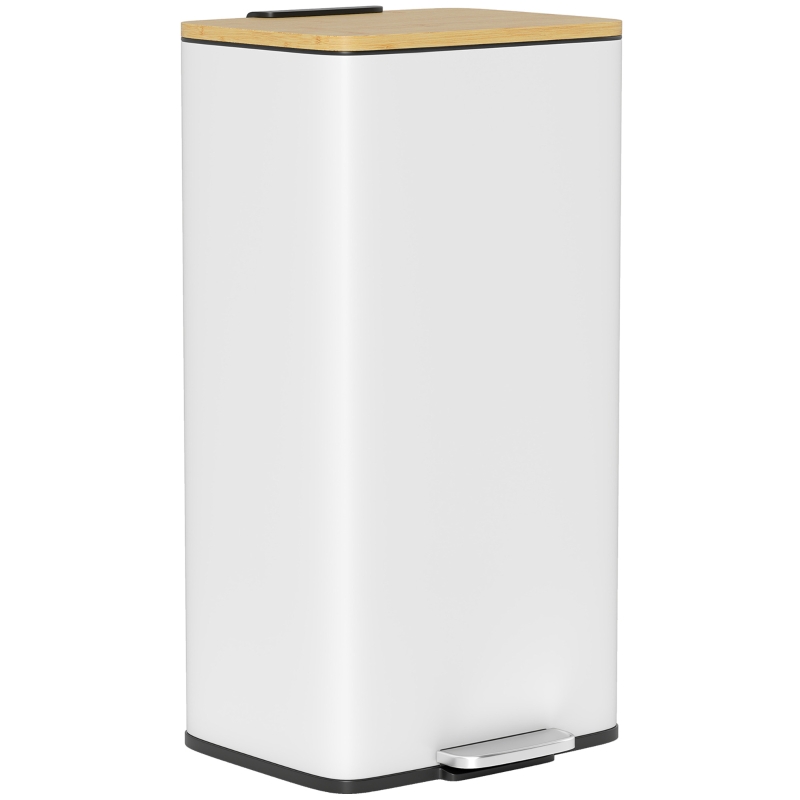 HOMCOM Cubo de Basura Cocina con Pedal 20L Tapa Cierre Suave Cubo Interior Extraíble 29,5x29,5x56,8 cm Blanco y Natural