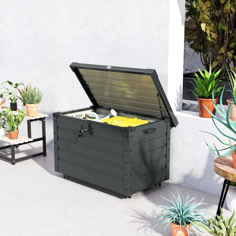 Outsunny Ladă de Grădină de 295L cu Încuietoare, 2 Mânere și 4 Rotile, Mobilier Depozitare din Oțel, 100x62x65 cm, Gri