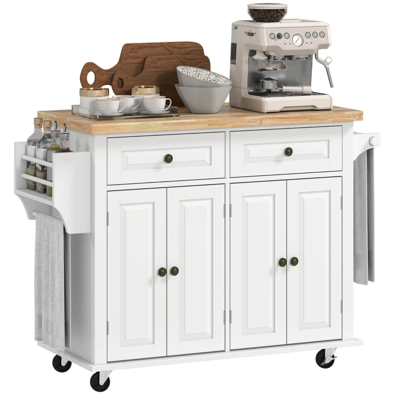 HOMCOM Carrello da Cucina con 2 Cassetti e 2 Armadietti, Isola da Cucina con Piano in Legno, Portaspezie e Porta Canovacci, Bianco