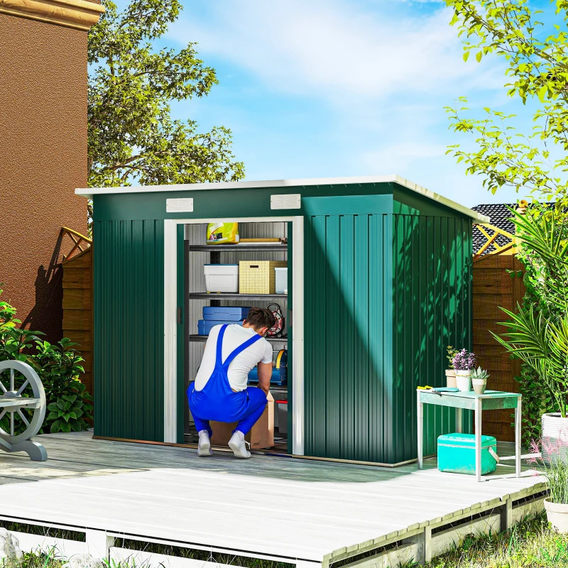 Outsunny Capanno da Giardino con 2 Porte Scorrevoli e Tetto Inclinato in Lamiera d'Acciaio, 261x133x182cm, Verde