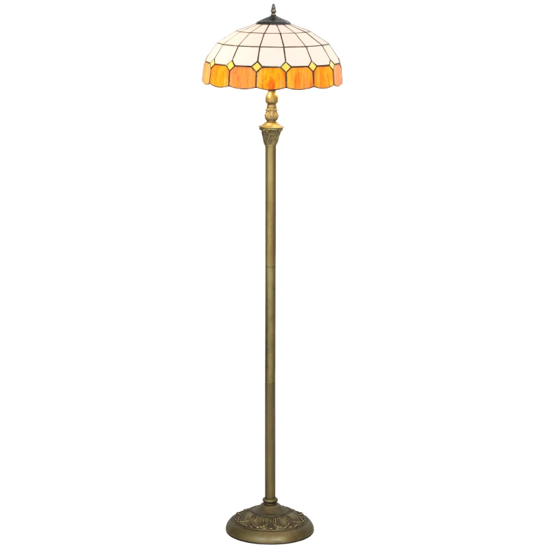 HOMCOM Tiffany-Style Floor Lamp with Handcrafted Stained Glass Shade, 152cm Tall Vintage Standing Lamp with Foot Switch and Dual Sockets for Living Room Bedroom, Bronze Tone and Orange