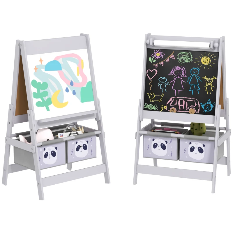 AIYAPLAY Kinder-Staffelei doppelseitig Kreidetafel Whiteboard mit Papierrolle 2 Körbe 54 x 46,5 x 93 cm grau
