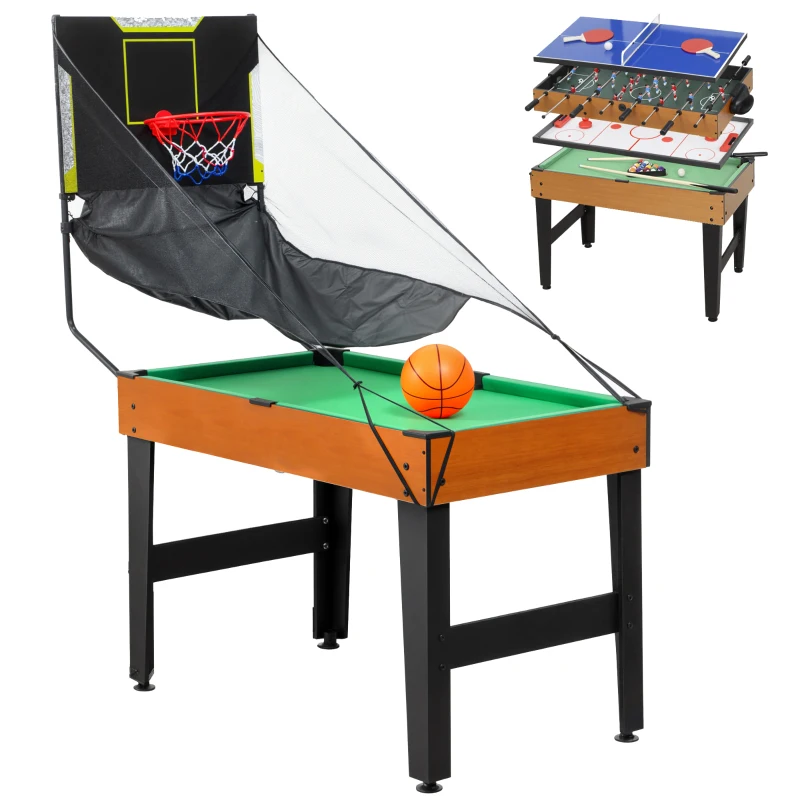 SPORTNOW Table Multijeux 5 en 1 avec Baby-foot pour Enfants Billard Ping-pong Hockey et Basket 134x108x144 cm Naturel et Noir