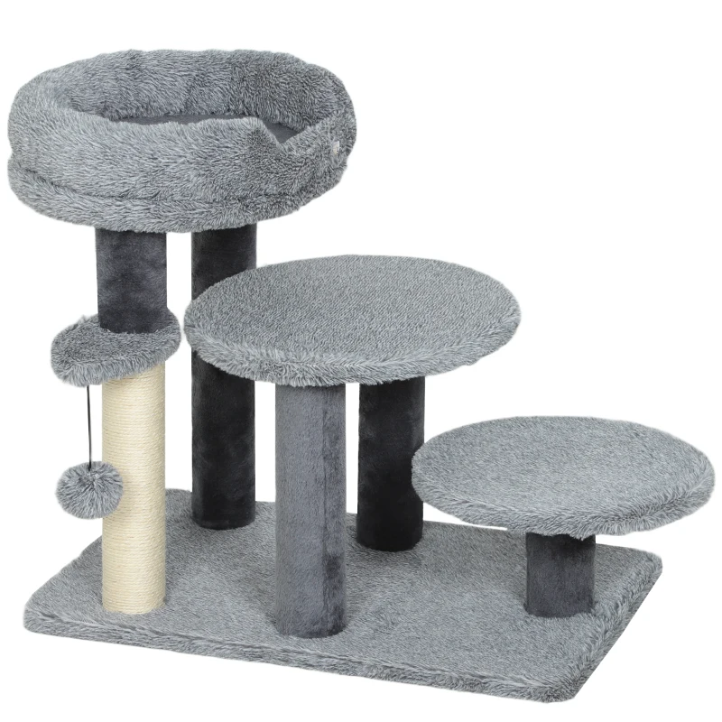 PawHut Arbre à griffer et escalier pour chat, base large, tissu en peluche, poteau à griffer en sisal, gris