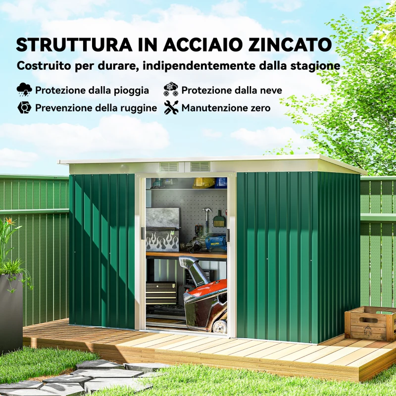 Outsunny Casetta da Giardino Porta Utensili in Lamiera di Acciaio con Porte Scorrevoli, 280x130x172cm, Verde Scuro