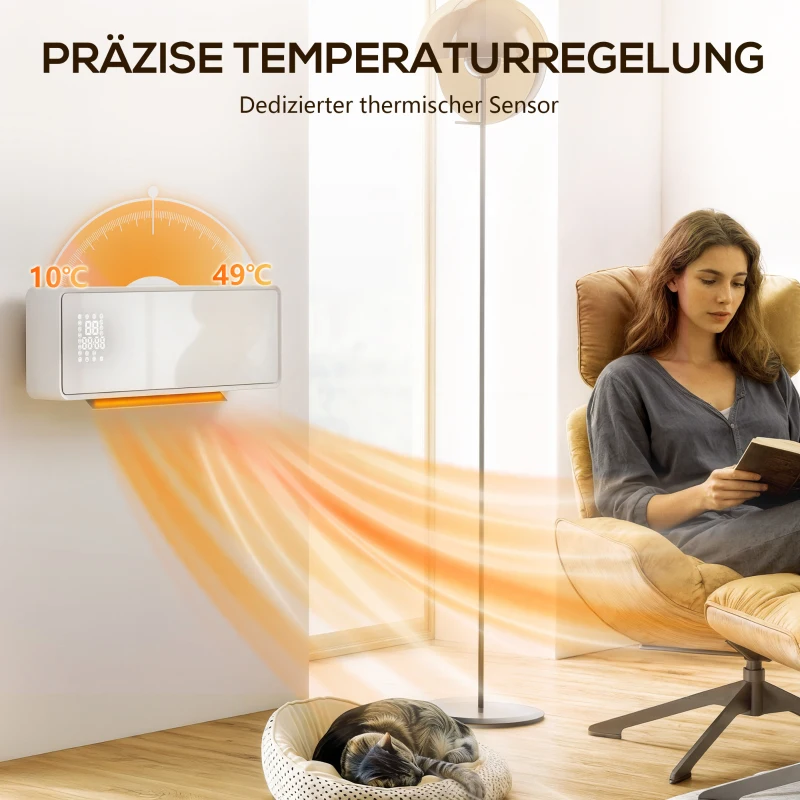 HOMCOM Wandgemonteerde 2000W keramische elektrische verwarmer, ventilator, thermostaat, timer, afstandsbediening, glazen paneel, Wit(m-7)