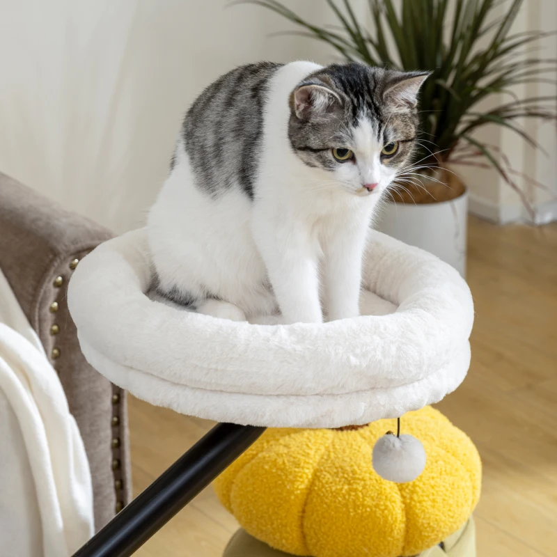 PawHut katten-bureaubed, kattenbed voor op het bureau met 360° draaibaar ontwerp, verstelbare hoogte, ligbed met afneembaar machinewasbaar kussen, voor katten tot 6 kg, thuiskantoor, Crèmewit