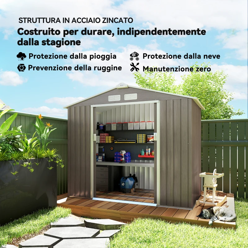 Outsunny Casetta da Giardino in Metallo con Prese d'Aria e Doppia Porta Scorrevole, 2.1x1.3m, Marrone Chiaro