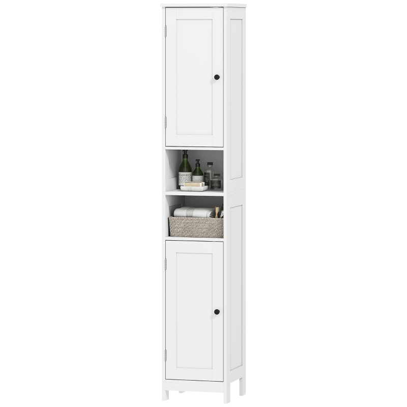 HOMCOM Mueble Alto de Baño con 2 Estantes Abiertos y 2 Armarios con Estantes Regulables, de Madera, 30x30x170 cm, Blanco