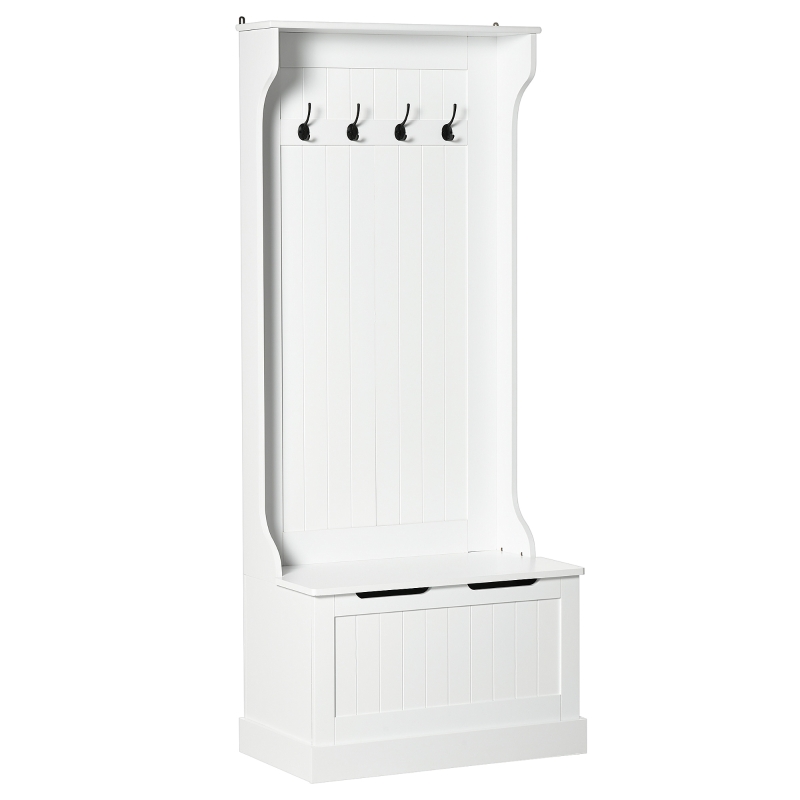 HOMCOM Appendiabiti da Terra Moderno 3 in 1 con 4 Ganci, Panca Contenitore e Attaccapanni, Salvaspazio Mobile da Ingresso, Corridoio, Camera da Letto in Legno, 71.5x39.5x170 cm, Bianco