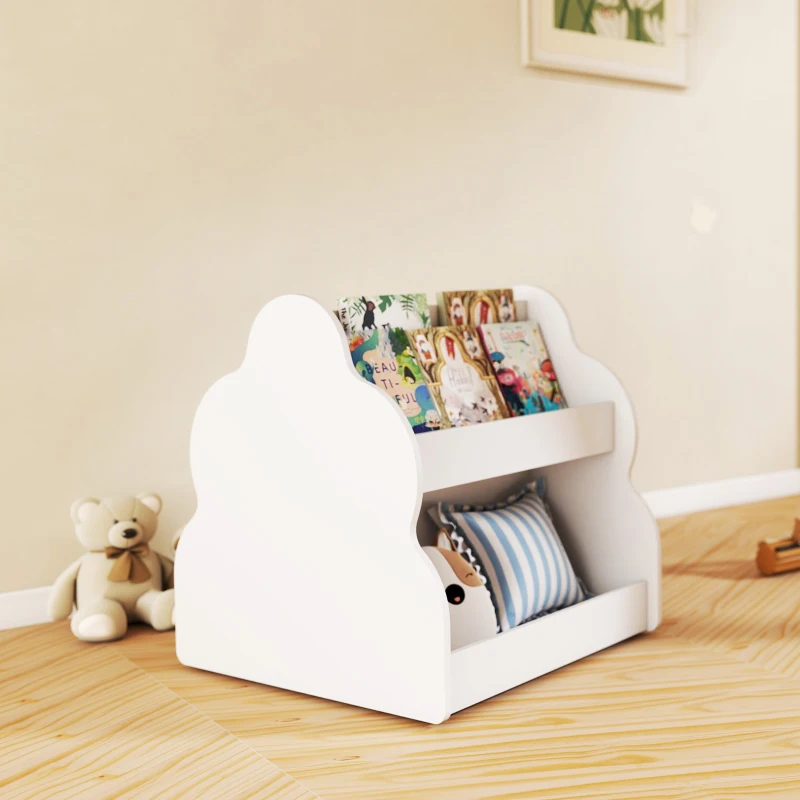 AIYAPLAY Kinderrek, 2-laags kinderboekenrek met wielen, 4 planken, voor kinderkamer, speelkamer, 54x50x56 cm, Wit