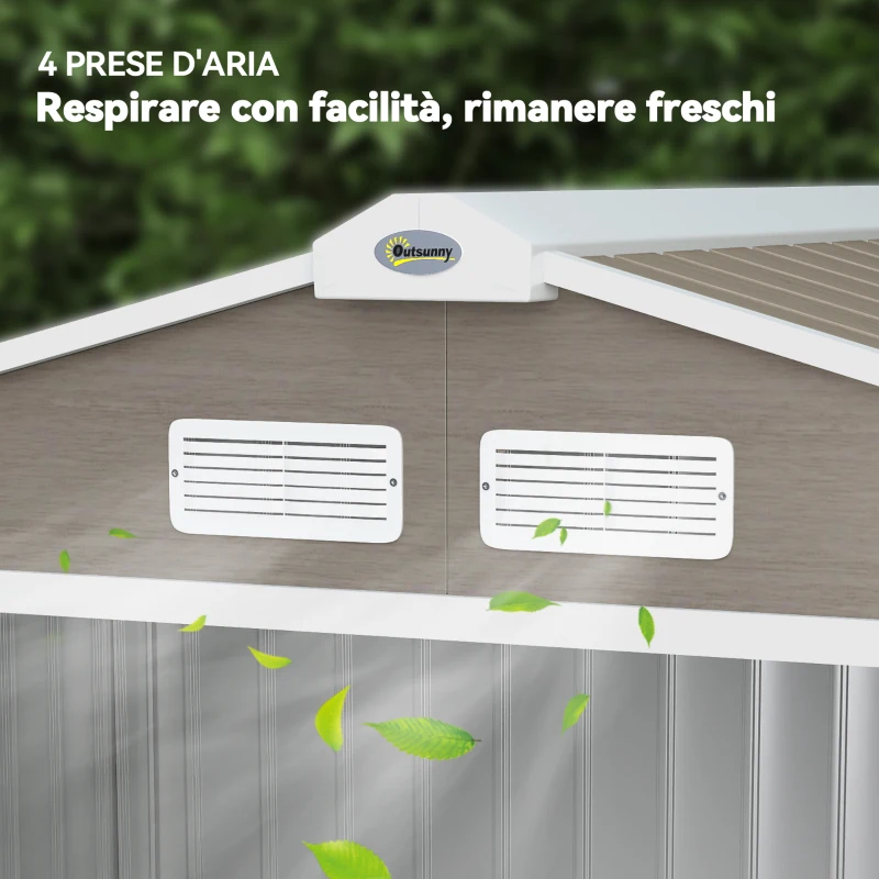 Outsunny Casetta da Giardino in Metallo con Prese d'Aria e Doppia Porta Scorrevole, 2.1x1.3m, Marrone Chiaro