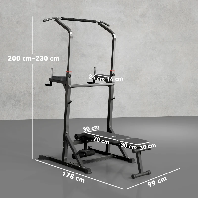HOMCOM Estación de Musculación Torre de Entrenamiento Altura Ajustable con Barra de Dominadas y Banco Plegable para Fitness en Casa Gimnasio Carga 150 kg 99x178x230 cm Negro