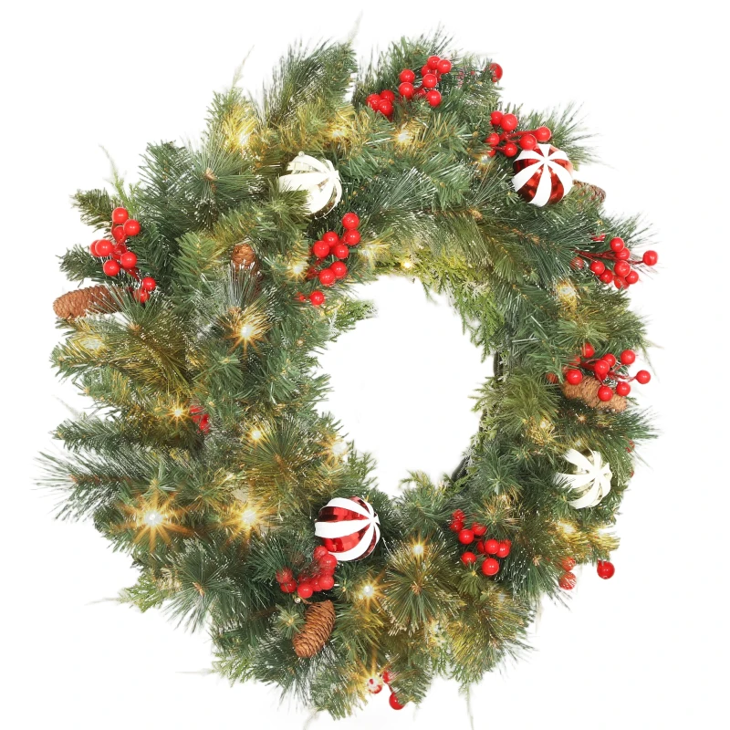 HOMCOM Couronne de Noël lumineuse 60 cm avec 50 LED, minuterie, 146 pointes, pommes de pin, baies, boules décoratives, vert