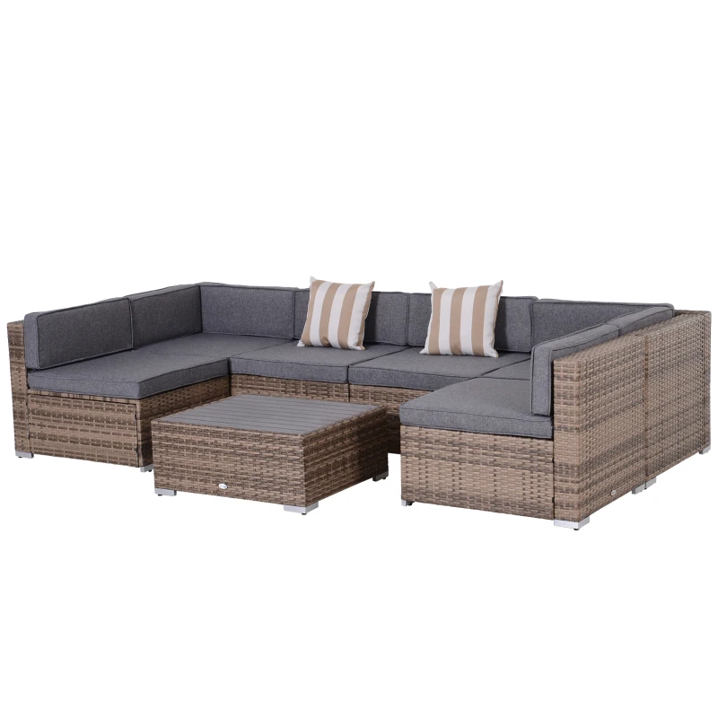 Outsunny Salotto da Giardino in Rattan da 7 Pezzi con Tavolino e Divano Modulabile con Cuscini, Grigio